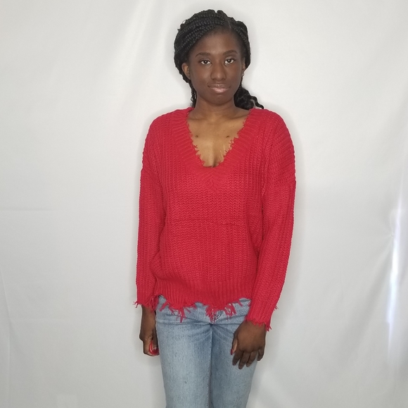 Red Frayed Long Sleeve V Neck Sweater - Picture 2 of 3